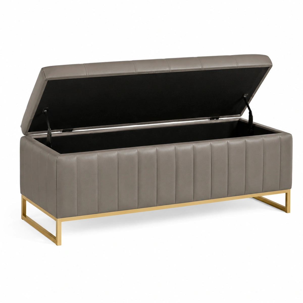 Banc coffre de rangement 120 x 45 x 50 cm en similicuir taupe avec pieds dorés style contemporain