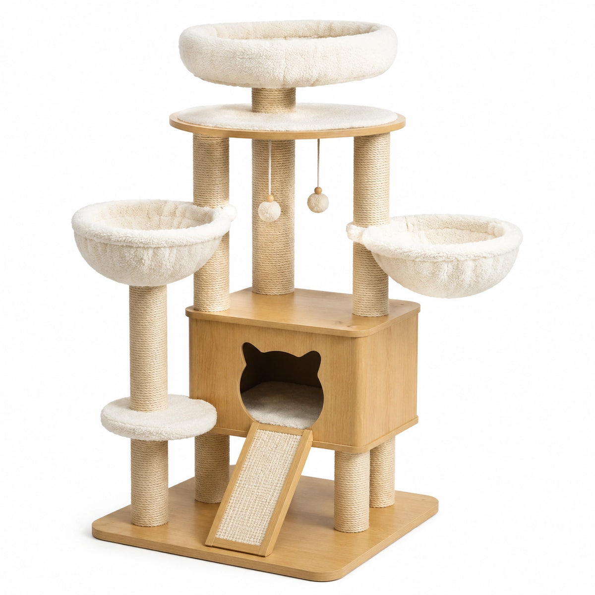 Arbre à chat 60 x 60 x 150 cm en bois beige avec poteaux en sisal et niches de repos