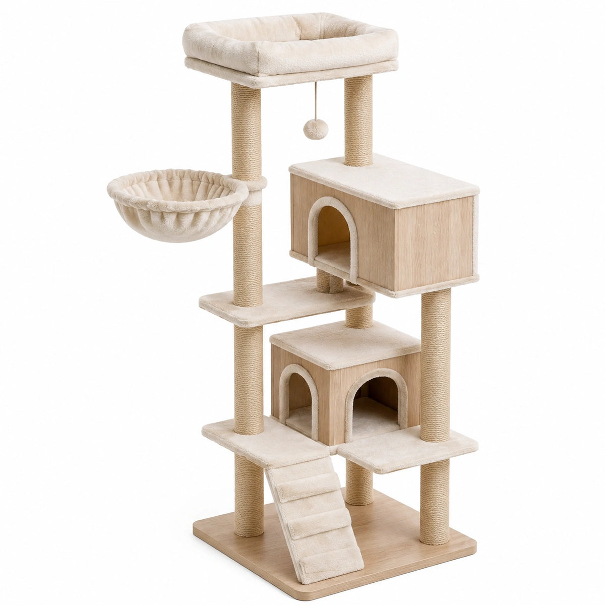 Arbre à chat 60 x 60 x 170 cm en sisal beige avec niches plateformes et hamac