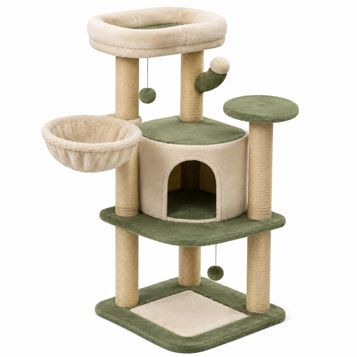 Arbre à chat 60 x 60 x 145 cm en sisal beige et vert avec niches plateformes et griffoirs