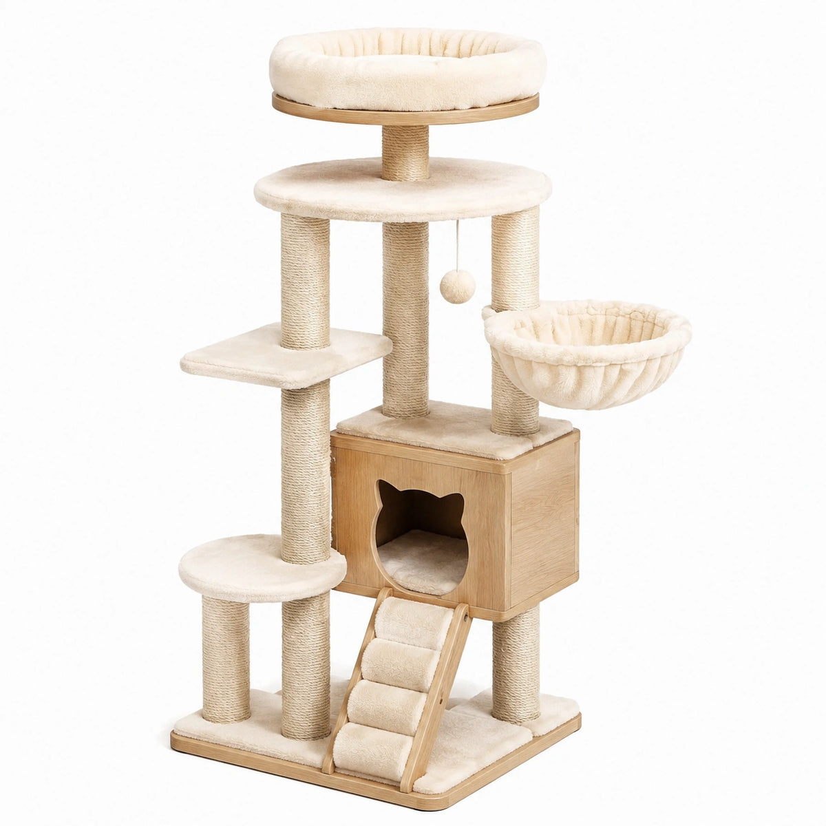 Arbre à chat 60 x 60 x 145 cm beige en bois et sisal avec plateformes griffoirs