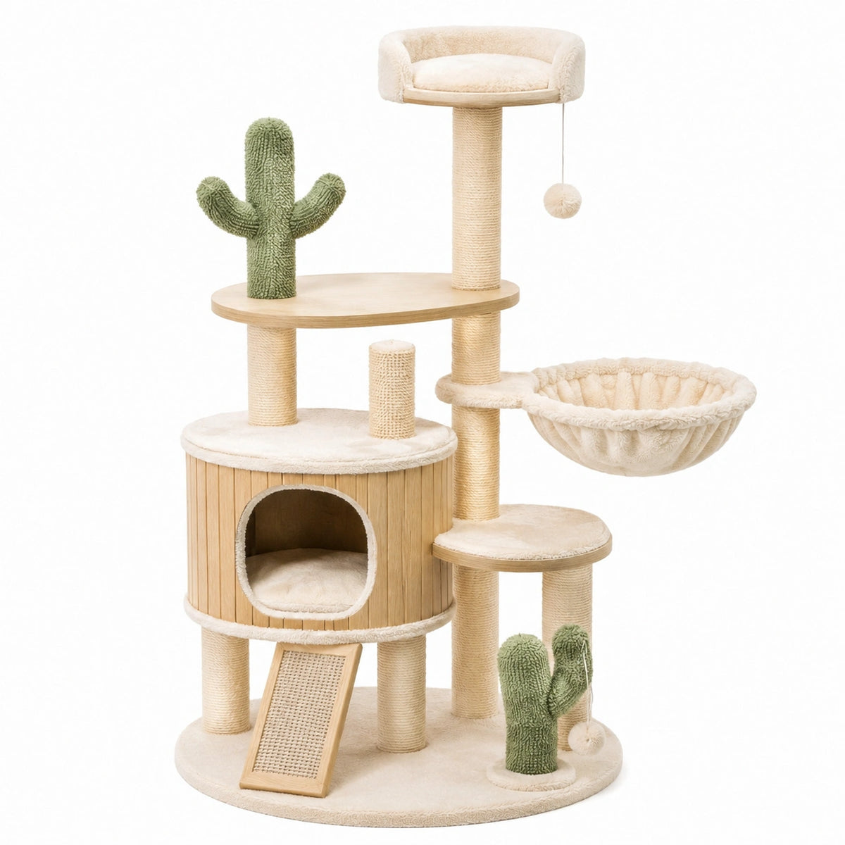 Arbre à chat 75 x 60 x 145 cm en bois beige avec griffoirs hamac et niches
