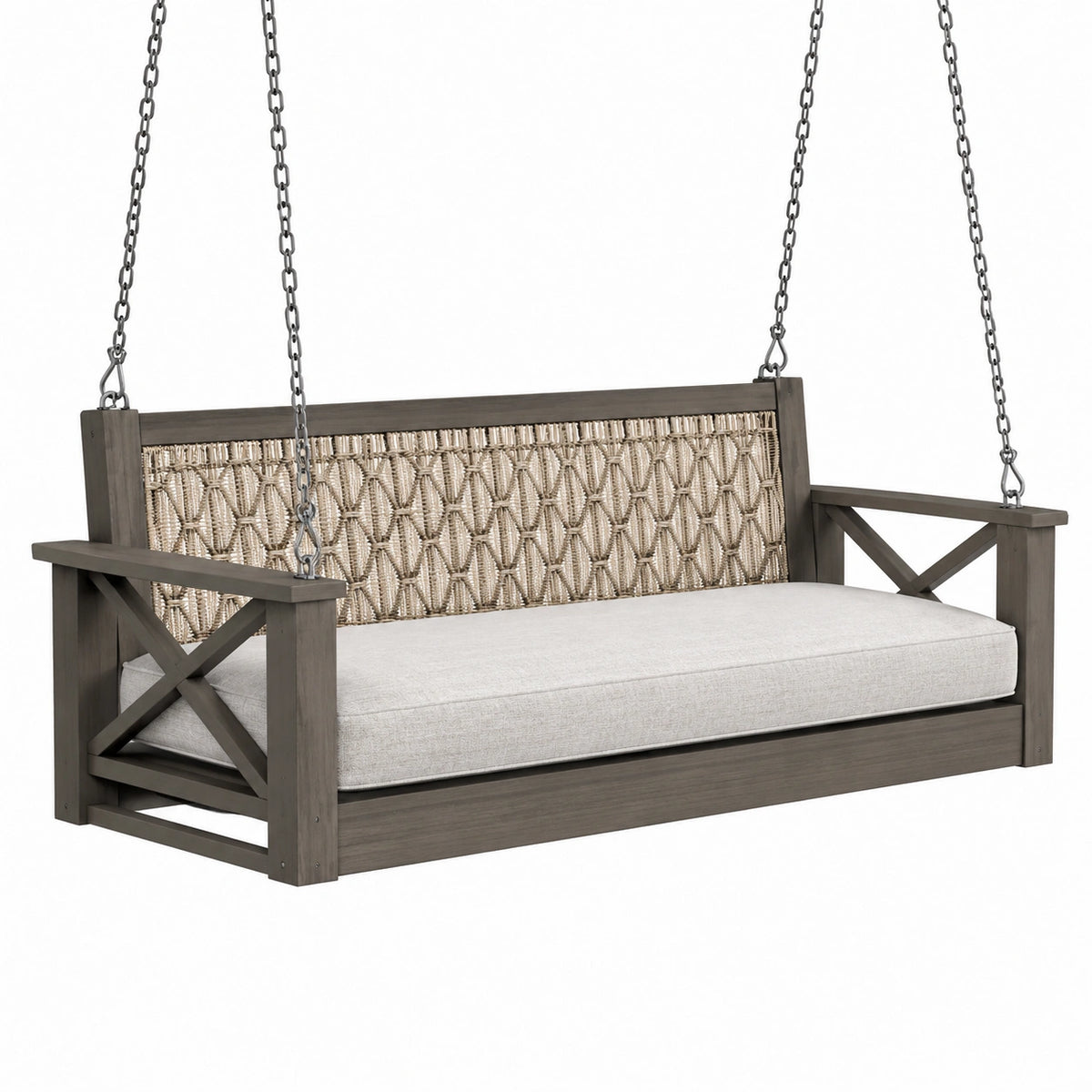 Balancelle de jardin 150 cm en bois gris foncé avec assise tressée beige