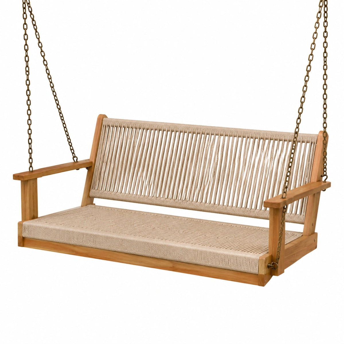 Balançoire de jardin 150 cm en bois naturel et corde beige avec dossier et accoudoirs