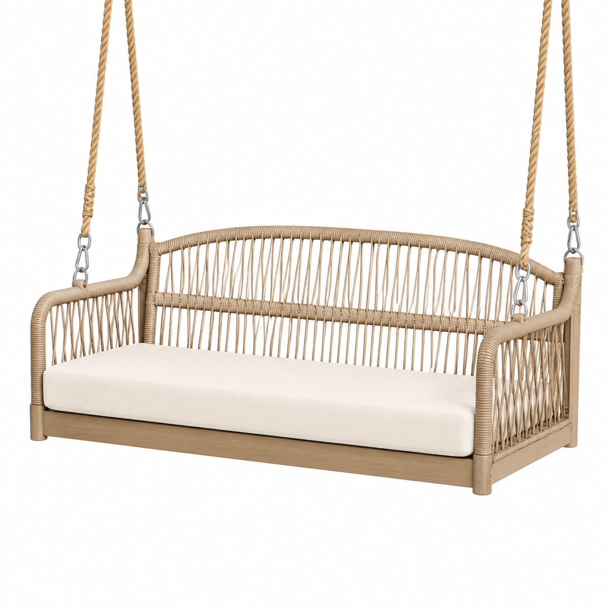Balancelle suspendue 130 cm x 70 cm x 60 cm en bois et corde beige avec assise rembourrée