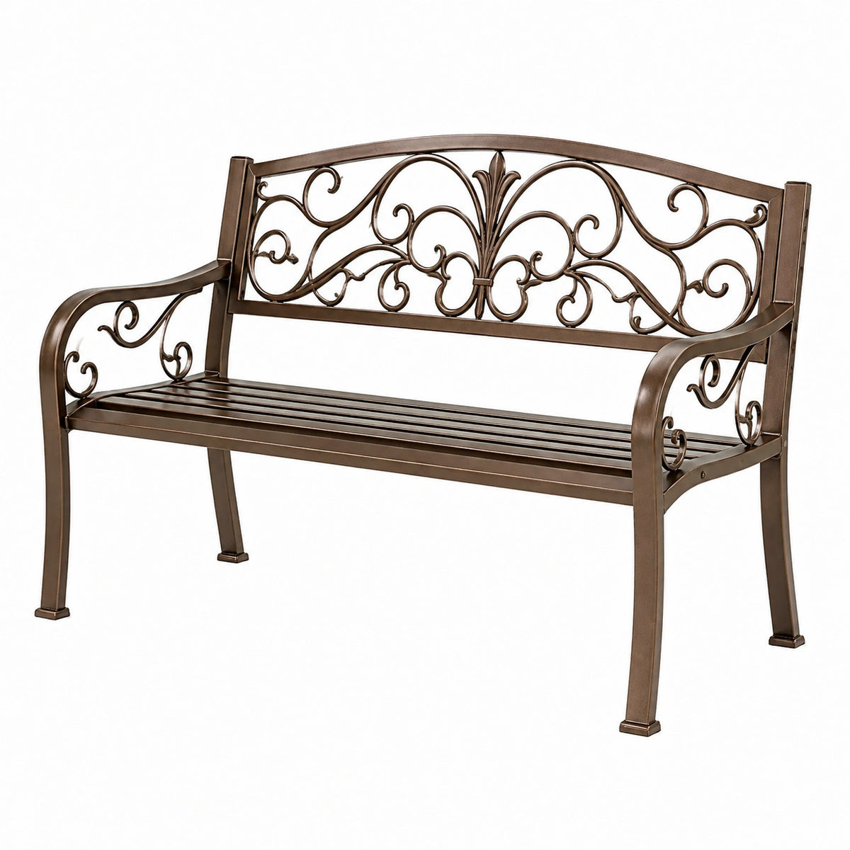 Banc de jardin 122 cm en métal brun à dossier ajouré style classique