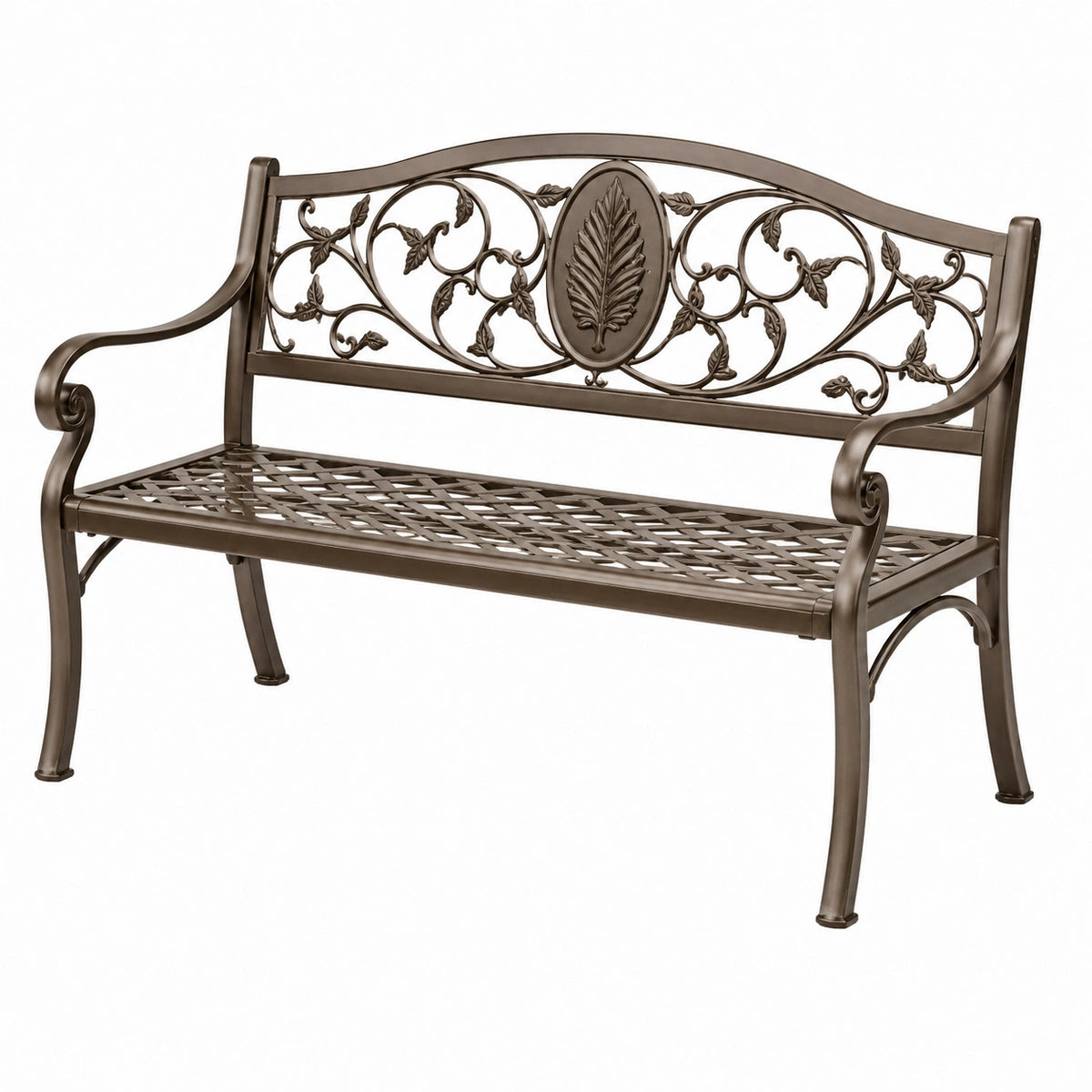 Banc de jardin 127 x 61 x 94 cm en métal bronze style classique décor feuillage